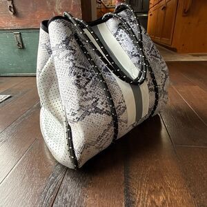 Parker & Hyde Silver Python and Grey Stripe Neoprene Tote with matching zipper p